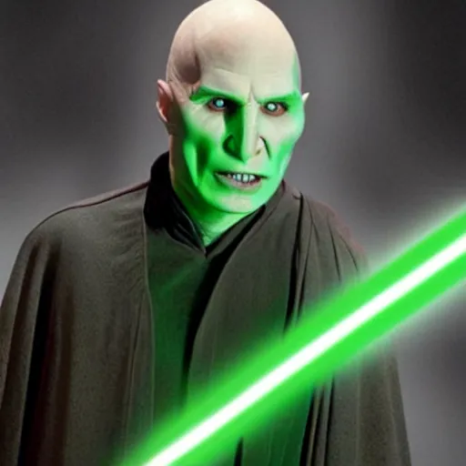 Image similar to voldemort with a green lightsaber