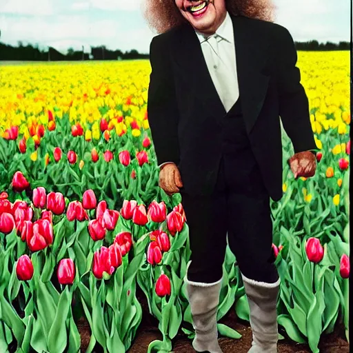 Image similar to photo of herbert butros khaury as singer tiny tim, tiptoeing through the tulips, walking on tiptoes