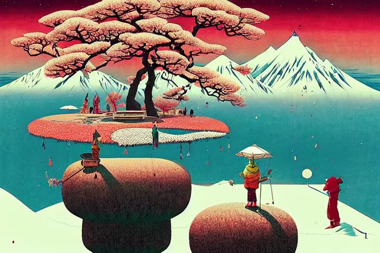 Image similar to surreal glimpse into other universe, himalaya with snow ice cream, summer morning, very coherent and colorful high contrast, art by!!!! gediminas pranckevicius!!!!, geof darrow, floralpunk ukiyo - e woodblock, dark shadows, hard lighting