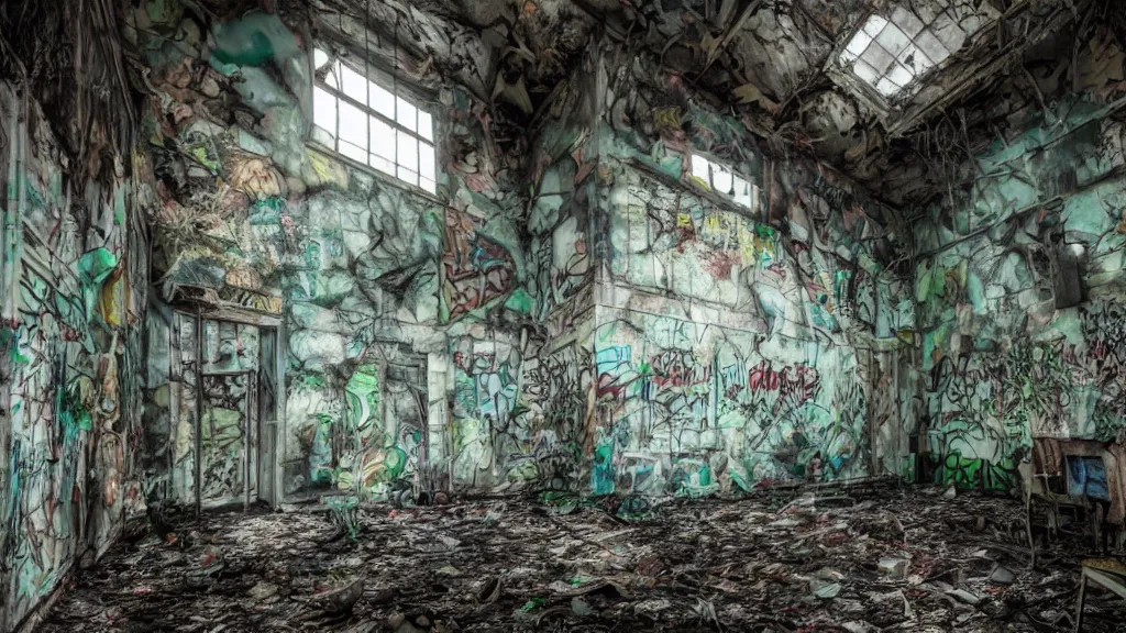 Image similar to abandoned overgrown interior, graffiti covered walls, peeling paint, volumetric lighting, creepy, highly detailed
