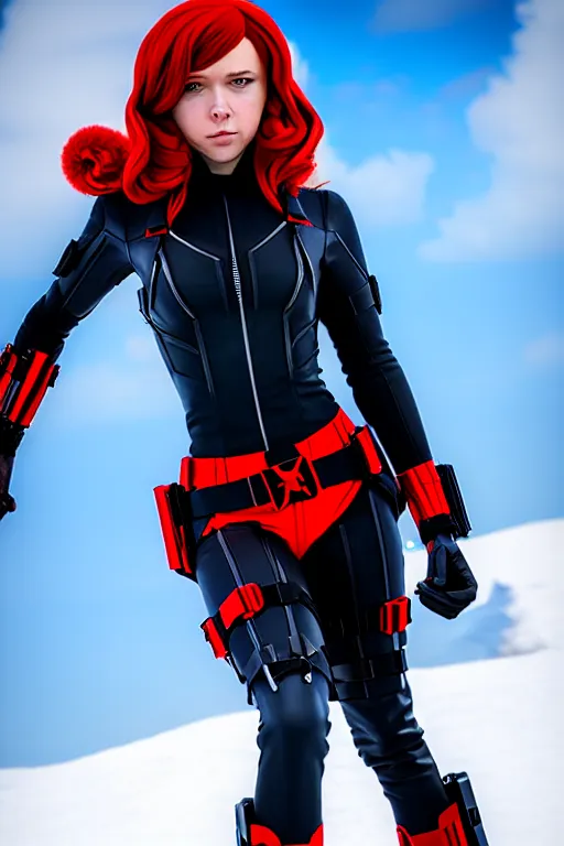 Prompt: black widow cosplay, north pole, ellen lily photo style, artstation, 4 k, correct body build, good light