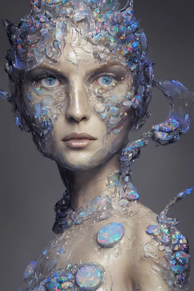 Image similar to a sculpture made of opal and water, portrait, queen, future, harper's bazaar, vogue, magazine, insanely detailed and intricate, concept art, ornate, luxury, elite, elegant, trending on artstation, by Ruan Jia, Kenneth Willardt, Ross Tran, WLOP, Andrei Riabovitchev.