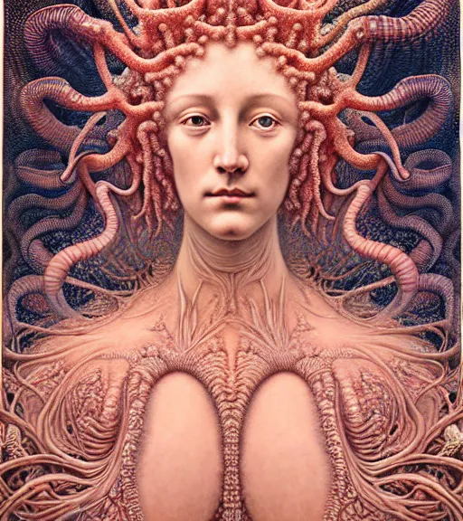 Image similar to detailed realistic beautiful coral goddess face portrait by jean delville, gustave dore, iris van herpen and marco mazzoni, art forms of nature by ernst haeckel, art nouveau, symbolist, visionary, gothic, neo - gothic, pre - raphaelite, fractal lace, intricate alien botanicals, ai biodiversity, surreality, hyperdetailed ultrasharp octane render