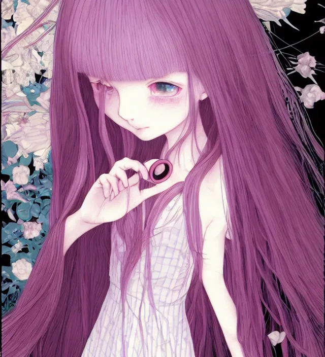 Image similar to portrait of a morbid 18 year old young woman wearing a dress of the soft aesthetic with wavy long hair, in a butcher shop, queen of sharp razorblades holds a single small sharp blade or a razor her hand and shows it to the user, in the style of Range Murata and by Katsuhiro Otomo and Yoshitaka Amano.