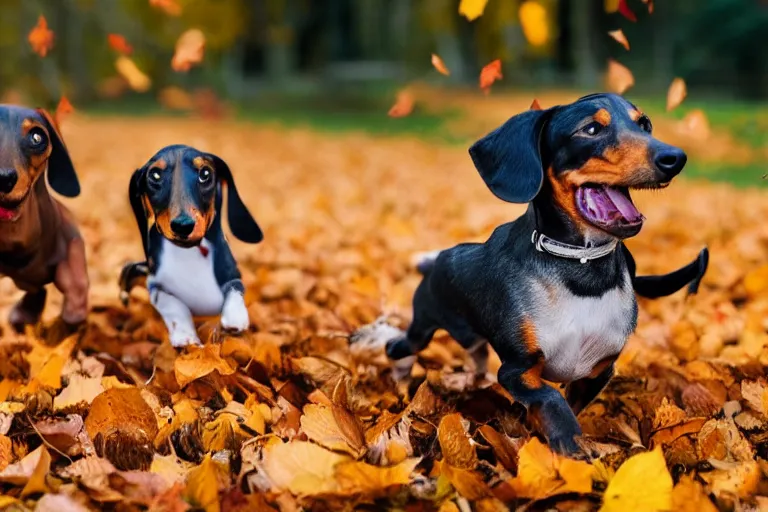 Image similar to dachshunds running towards the camera in the autumn leaves and some of the leaves are flying up into the air