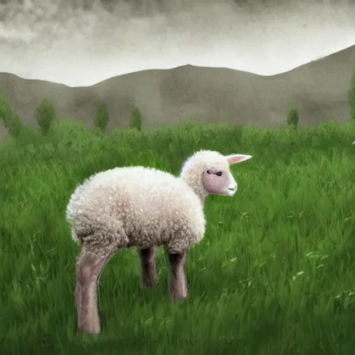 baby lamb in a green field, horror, creepy, dark