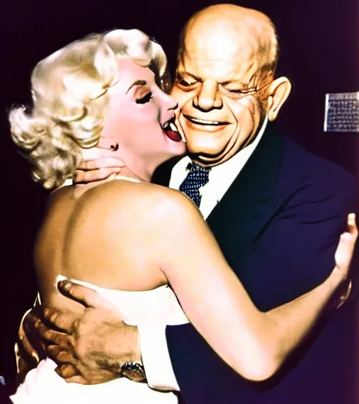 Image similar to young Don Rickles hugging marlin monroe, color photo, highly detailed, real life