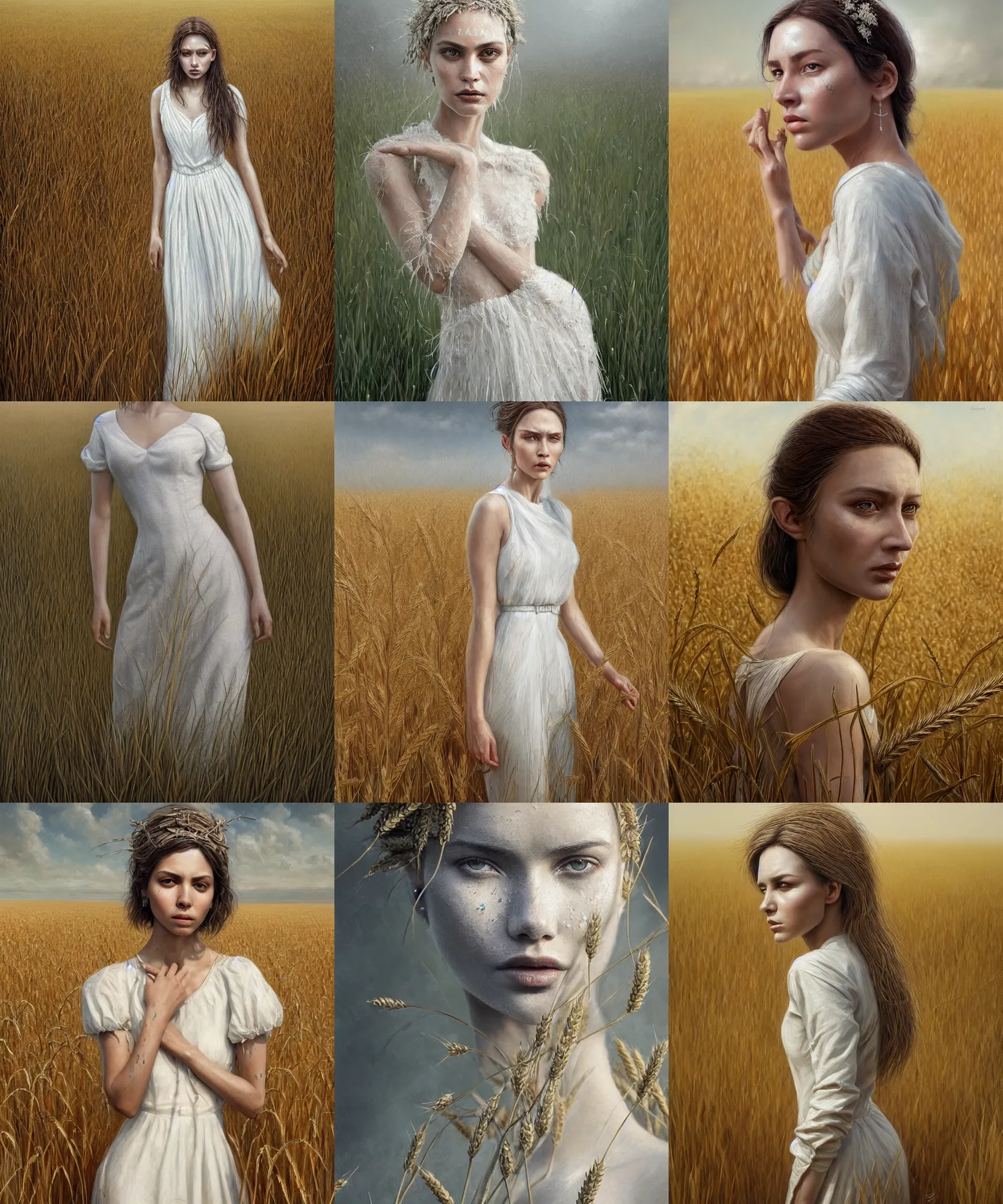 Prompt: Hyper realistic detailed painting of a Paludnitsa in a lush wheat crop. Perfect face, white dress, menacing, melancholic, dreamlike, highly detailed, sharp focus, digital painting, art by Eddie Mendoza, detailed and intricate environment, highly detailed, award winning art.