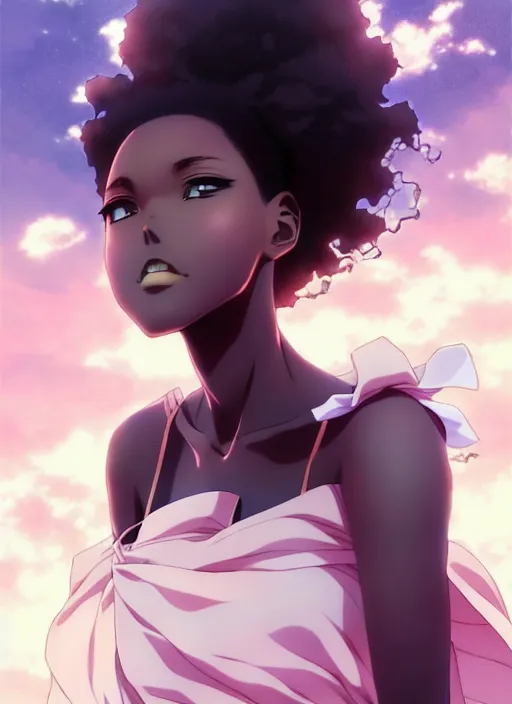 Prompt: beautiful city black woman only, anime style only, scenery wallpaper aesthetic, pastel colors only, symmetrical face and full body, cinematic, dramatic, joyful, super detailed and intricate, hyper realistic, by artgerm, by kyoung hwan kim, by ralph mcquarrie, by yoshiyuki tomino