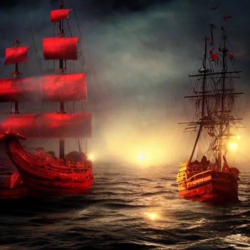 Prompt: A pirate ship sailing through a sea of blood, detailed, cloudy, foggy, lights, realistic,