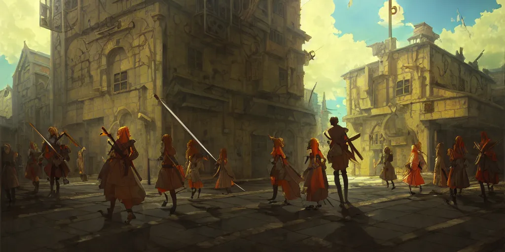 Image similar to baroque oil painting of anime key visual environment concept art of anime maids crusading in jerusalem, brutalist, dark fantasy, rule of thirds golden ratio, fake detail, trending pixiv fanbox, acrylic palette knife, style of makoto shinkai studio ghibli genshin impact jamie wyeth james gilleard greg rutkowski chiho aoshima