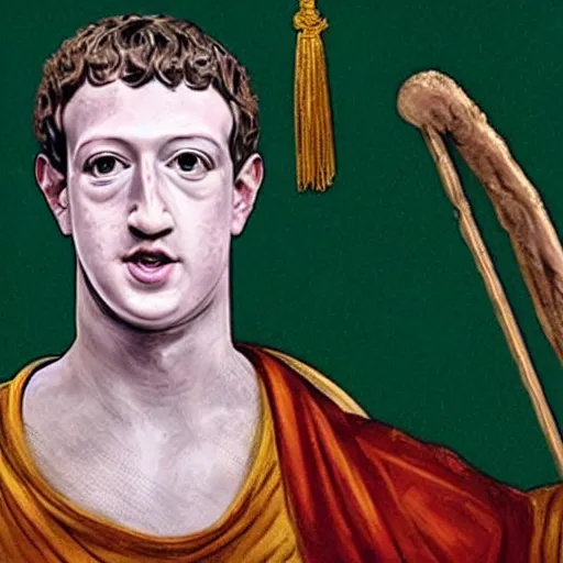 Prompt: mark zuckerberg as a roman noble. dressed in a toga. serious facial expression. on ancient roman fresco, detailed, well - preserved