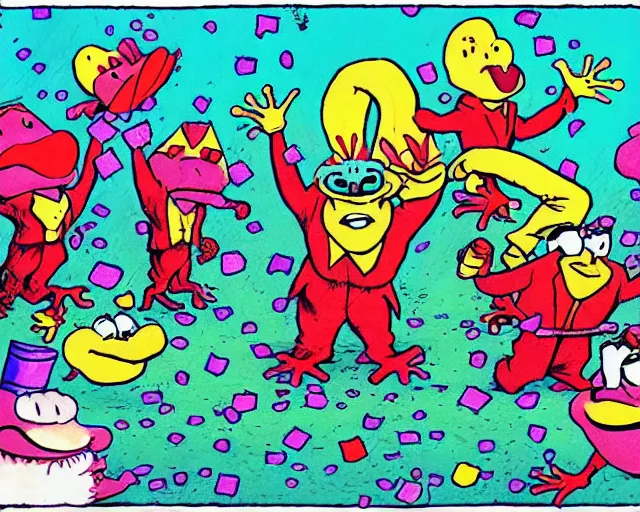 Image similar to The Clown Frog King pulls the lever initiating clown world, confetti bombs and honking ensues, cartoon by Ralph Bakshi