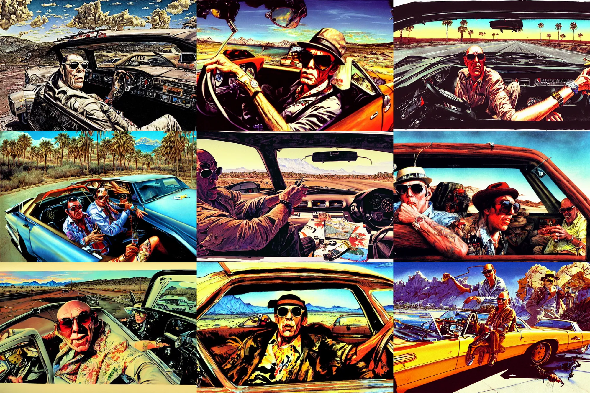 Prompt: hunter s. thompson driving through bat country feeling a lot of fear and loathing in las vegas, art by james gurney