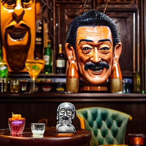 Image similar to a closeup photorealistic photograph of smiling salvador dali at trader vic's bar sitting next to a trader vic's style tiki mug featuring the face of salvador dali. tiki culture. bright scene. 4 k hd image that's trending on artstation, featured on behance, well rendered, extra crisp, features epic composition and the style of unreal engine.