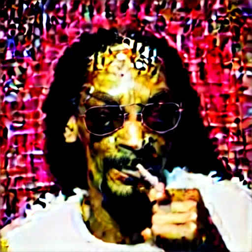 Image similar to Snoop Dog with big eyes eye color red , smiling and holding a joint in his hand