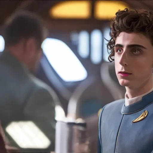 Prompt: timothee chalamet sitting at quark's bar on deep space nine, 3 5 mm photography, highly detailed, cinematic lighting, 4 k