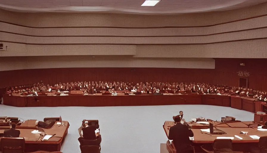 Image similar to 60s movie still of empty soviet congress with one man standing, cinestill 800t 50mm eastmancolor, liminal Space style, heavy grain-s 150