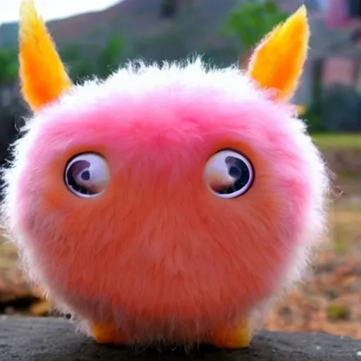 Image similar to an alien with a face that looks like a fuzzy peach the peach is fuzzy pink warm and ripe the alien has horns and a mean smile he has little chicken feet, 4k, highly detailed, high quality, amazing, high particle effects, glowing, majestic, soft lighting