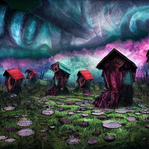 Image similar to psychedelic mushroom houses, post apocalyptic, dark fantasy, liminal space, dark paradise, digital art, 4 k