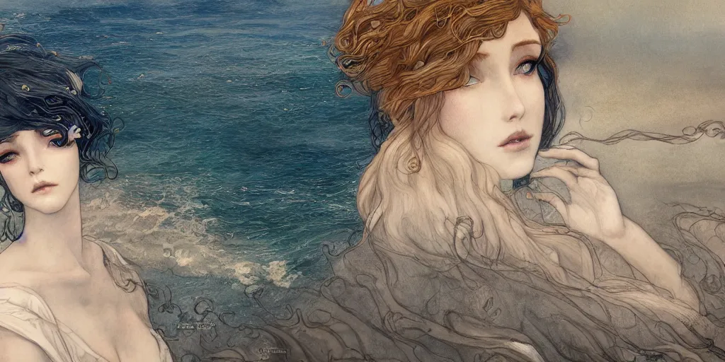 Prompt: Watching the tumultuous ocean while sitting on the deck at my beach house. Beautiful digital art in the style of Charlie Bowater, John Bauer, and Gustav Klimt, trending on artstation