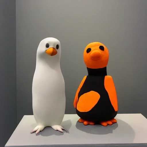 Prompt: morph and pingu in an art gallery, clay sculptures, figurative sculpture, white gallery, contemporary, photorealistic