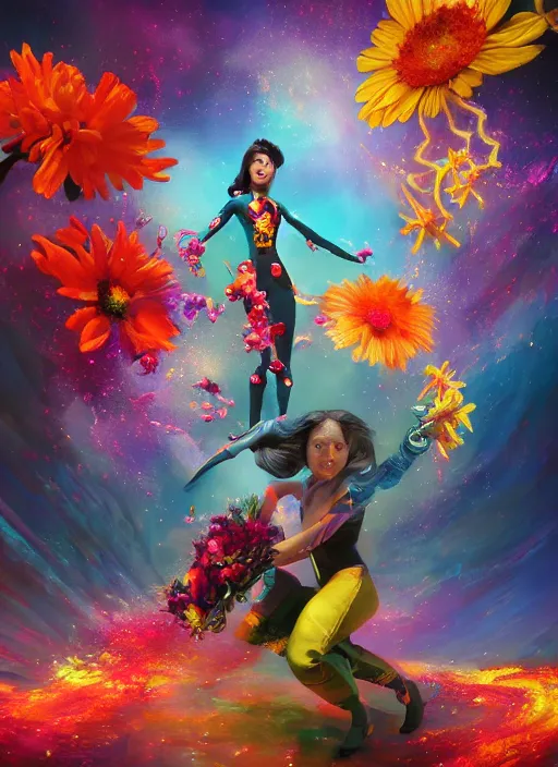 Image similar to An epic fantastic realism comic book style painting of the most beautiful twirling flowers launched across the spinning galaxy, bouquets, fisheye lens, unreal 5, DAZ, hyperrealistic, octane render, dynamic lighting