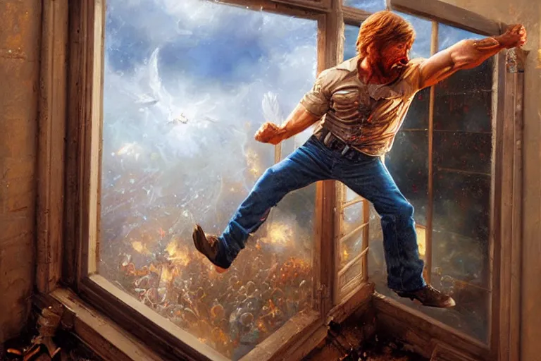 Image similar to chuck norris kicking out a window, an oil painting by ross tran and thomas kincade