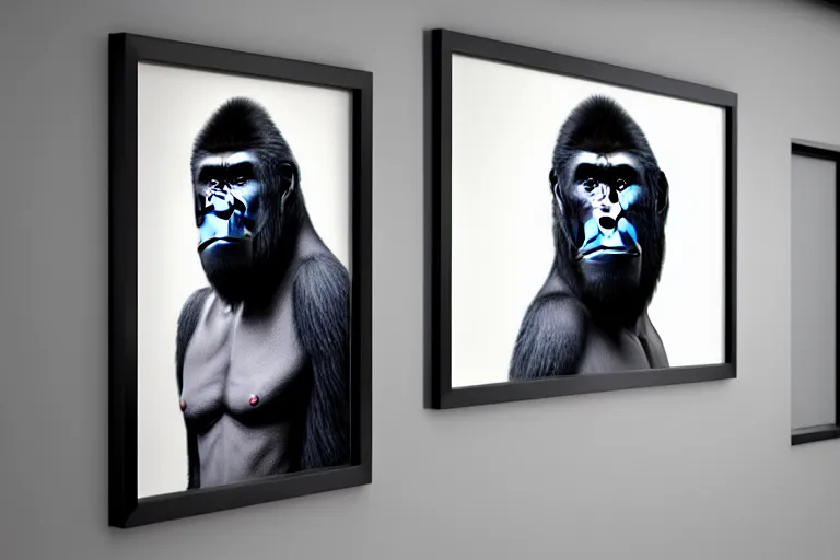 Image similar to Gorilla contemplating a framed portrait of a human wearing a sailor’s hat, hyperrealistic, concept art, 8k, artstation, cinematic, volumetric lighting
