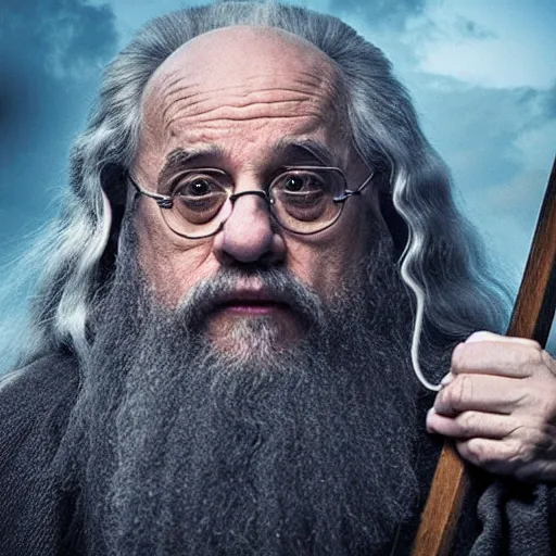 Image similar to danny devito starring as gandalf the white in the 2 0 2 4 lord of the rings movie, full body, hyper realistic, high quality, wide angle, always sunny in philadelphia