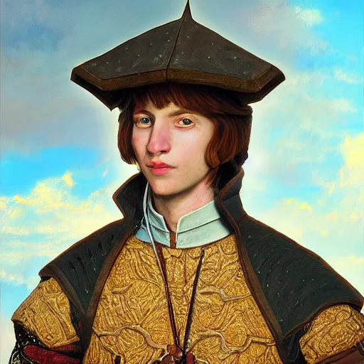 Prompt: portrait of a young squire, painting by michael wellen, john stephens, in a medieval city, tone mapping, airbrushed clouds, trending on artstation