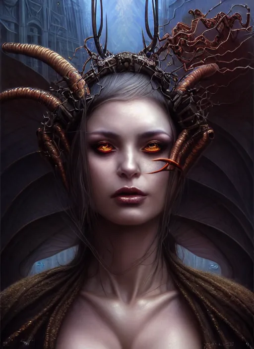 Prompt: closeup portrait shot of a succubus in a scenic dystopian environment, intricate, elegant, highly detailed, centered, digital painting, artstation, concept art, smooth, sharp focus, illustration, artgerm, tomasz alen kopera, peter mohrbacher, donato giancola, joseph christian leyendecker, wlop, boris vallejo