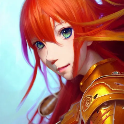 Image similar to Asuna Yuuki, Portrait of a girl with orange hair wearing a partial paladin armor with a red skirt and white top, face, fantasy, intricate, elegant, highly detailed, digital painting, artstation, concept art, smooth, sharp focus, illustration, art by Fernanda Suarez and Artem Demura and alphonse mucha