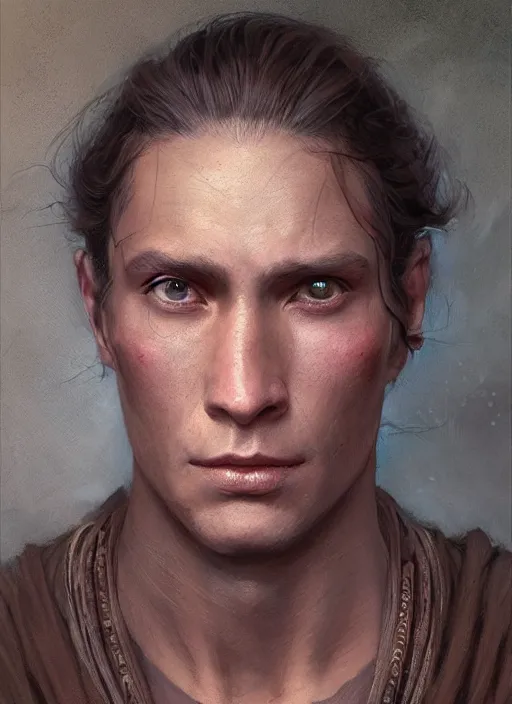 Prompt: a young shaman in his twenties with medium light brown hair tied back, a large forehead, a widows peak and a round face with high cheekbones as a realistic d & d fantasy character, portrait art by donato giancola and greg rutkowski, vintage retro, realistic face, digital art, trending on artstation
