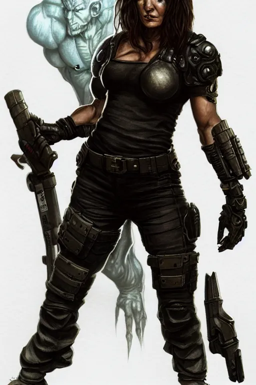Image similar to gina carano as a shadowrun ork with prothesis metallic left arm, tusk, casual black clothing, muscular, realistic proportions, casual pose, large portrait, sci - fi, rpg character, digital painting, artstation, concept art, smooth, 8 k frostbite 3 engine, ultra detailed, art by artgerm and greg rutkowski and magali villeneuve