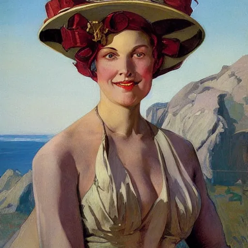 Image similar to woman with a giant, ridiculous hat, by j. c. leyendecker