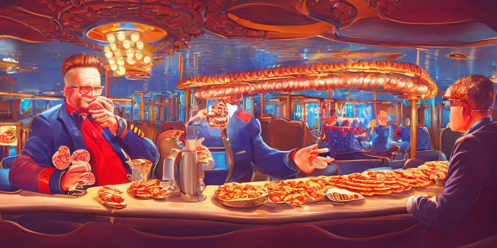 Image similar to Intricate detailed illustration, A carnival cruise ship captain with sausages for fingers, cinematic lighting, by Philip Hood, wide angle, volumetric light scattering, 8k, artstation, concept art,