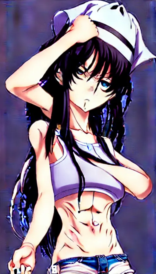 Prompt: style of madhouse anime, rei hiroe, loish, artgerm, revy from black lagoon, symmetrical eyes and symmetrical face, jean shorts, white tank top, full body, on a boat, smirk on face, evening