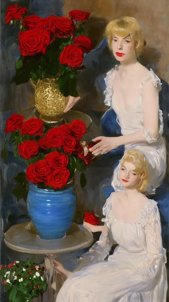 Image similar to clear face of young julee cruise in detailed golden sleeve balloon lace dress beside a pot of red roses set near a persian blue detailed pot by john singer sargent