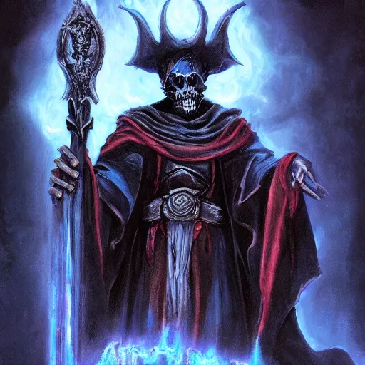 Prompt: undead lich, vecna (d&d) dressed in dark blue robes, fantasy, epic, holding a sacrificial dagger, red left eye, portrait painted by raymond swanland