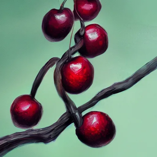 Prompt: Artstation digital art render three cherries on a branch