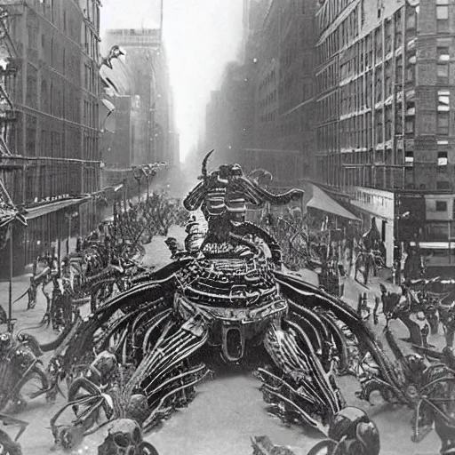 Image similar to old black and white photo, 1 9 1 3, depicting a giant biomechanical alien monster kaiju robot fighting tanks through the bustling streets of new york city, historical record