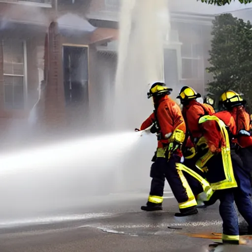 Image similar to Firefighters spraying firehose shaped flamethrower on to a flaming building