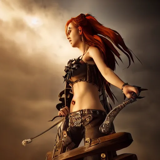 Image similar to full body pose, hyperrealistic photograph of a attractive pirate woman, dim volumetric lighting, 8 k, octane beautifully detailed render, extremely hyper detailed, intricate, epic composition, cinematic lighting, masterpiece, trending on artstation, very very detailed, stunning, hdr, smooth, sharp focus, high resolution, award, winning photo, dslr, 5 0 mm