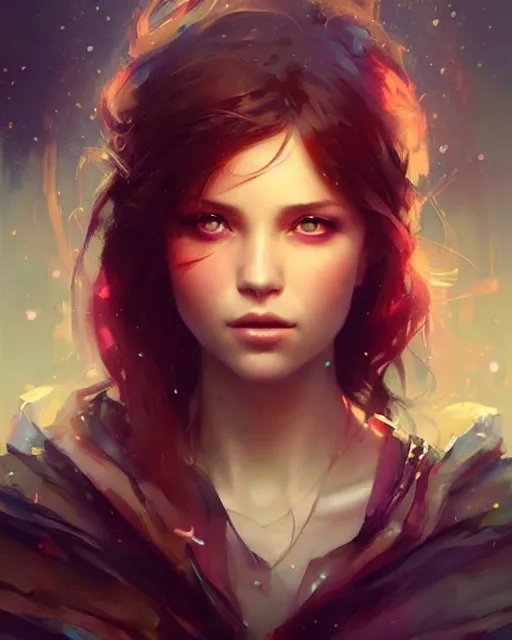 Prompt: beautiful girl portrait by greg rutkowski and charlie bowater, vivid, artgerm, aesthetic, fine details, colorful swirls, gaudy colors, luminescent, organic matte painting, realistic eyes, masterpiece, busy background, bokeh, depth of field