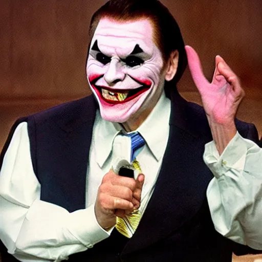 Prompt: kenneth copeland cosplaying dressed as the joker