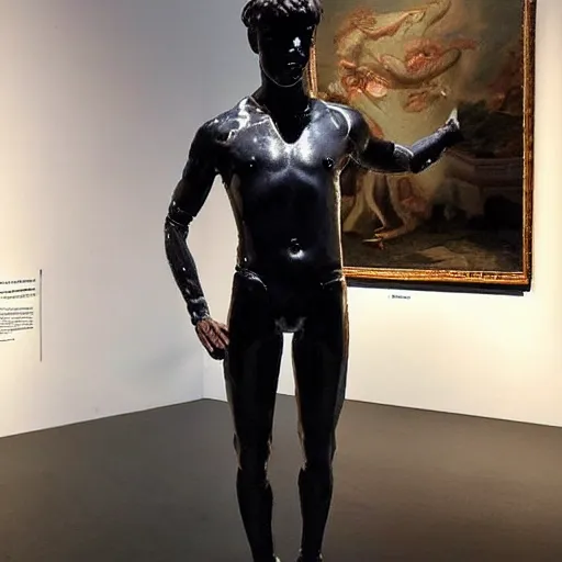 Image similar to “a realistic detailed photo of a guy who is an attractive humanoid who is half robot and half humanoid, who is a male android, British diver Jack Laugher, shiny skin, posing like a statue, blank stare, at the museum, on display”