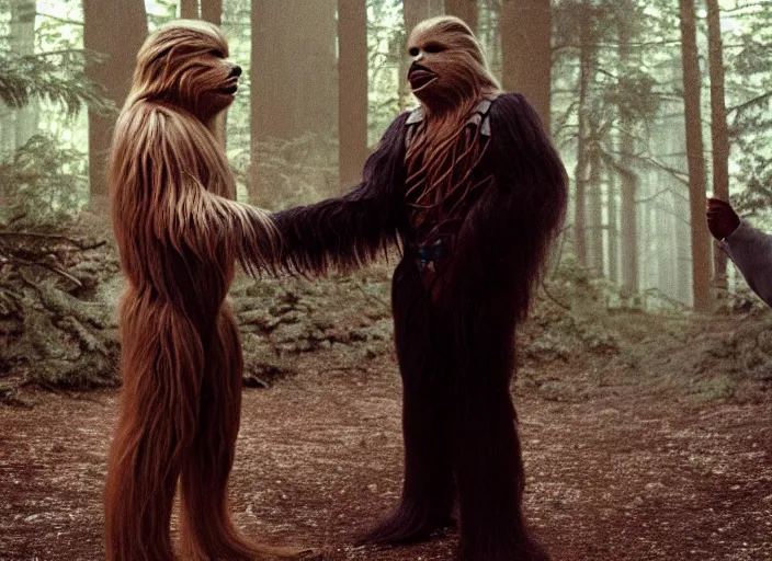 Prompt: donald trump shaking hands with chewbacca on the forest moon of endor, 3 5 mm photography, highly detailed, cinematic lighting