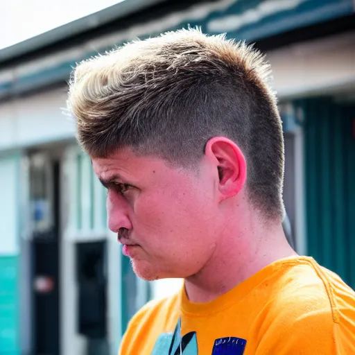 Prompt: A bogan with a mullet haircut waiting for the bus, Canon EOS R3, f/1.4, ISO 200, 1/160s, 8K, RAW, unedited, symmetrical balance, in-frame