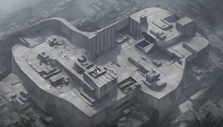 Image similar to big brutalist imperial military base on cliffs, drawing architecture, very long shot, top angle, imperial architecture in rogue one, pritzker architecture prize, brutalism, jan urschel